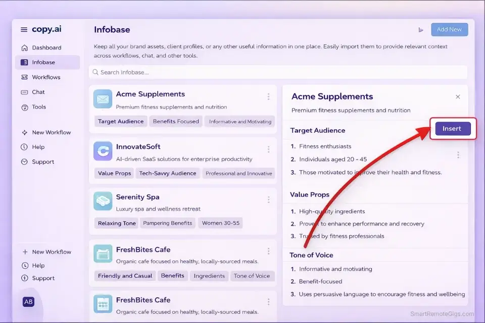Screenshot of the Copy.ai Infobase feature storing client brand data and tone of voice guidelines.