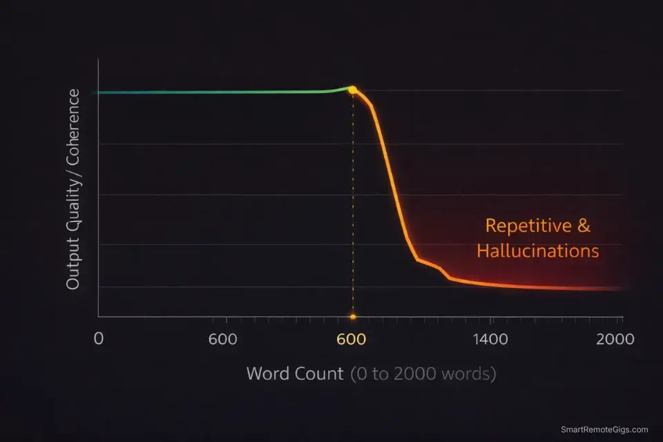 Infographic chart showing Copy.ai's output quality dropping significantly after the 600-word mark for long-form content.