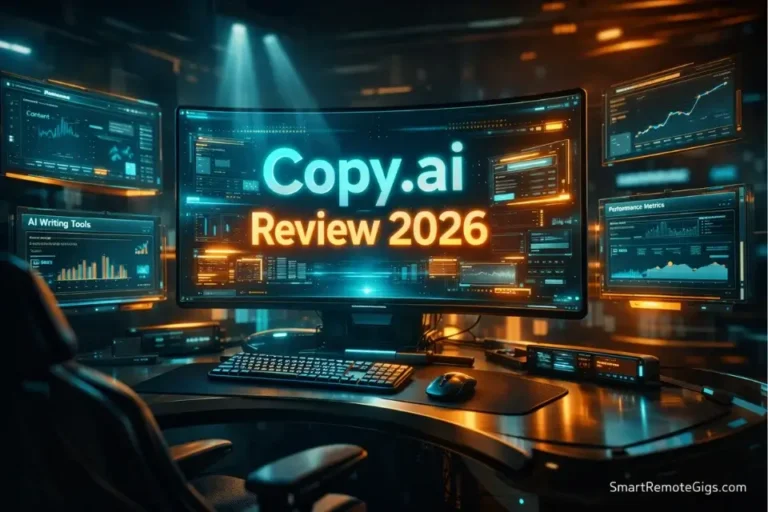 Cinematic 3D visualization of a futuristic workstation displaying the Copy.ai Review 2026 on a digital dashboard.
