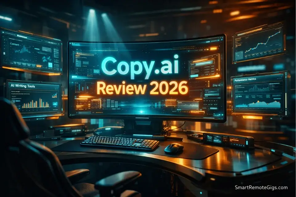Cinematic 3D visualization of a futuristic workstation displaying the Copy.ai Review 2026 on a digital dashboard.