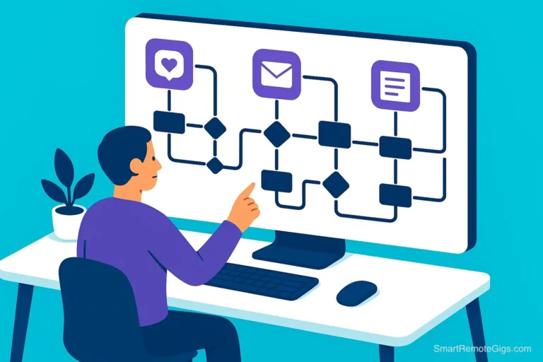 A vibrant illustration of a marketing professional easily managing multiple content workflows on a central dashboard, representing the Copy.ai platform.
