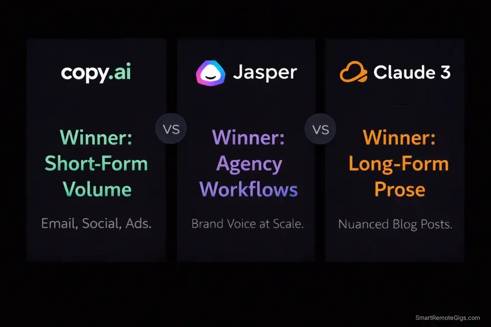 3-way comparison infographic showing the best use cases for Copy.ai, Jasper, and Claude 3.