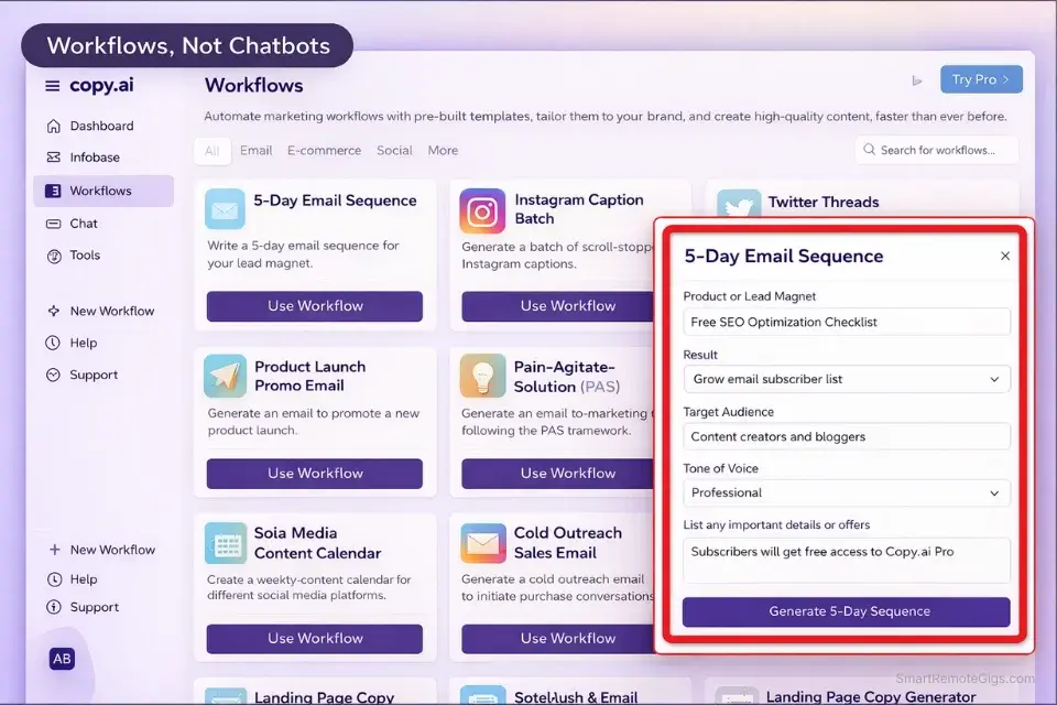 Screenshot of the Copy.ai dashboard highlighting the pre-built workflow templates for short-form marketing copy.