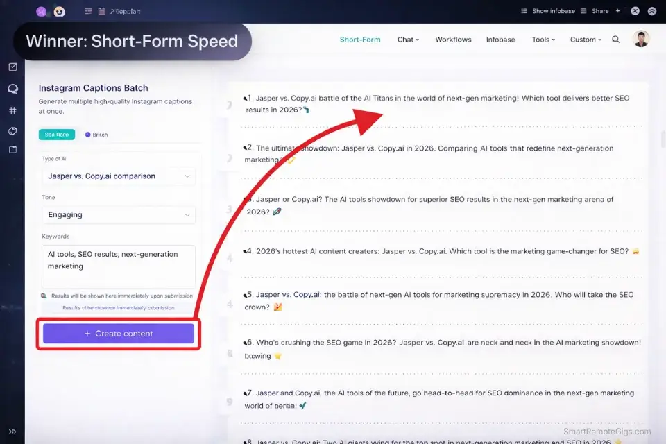 Screenshot of Copy.ai generating multiple short-form social media variants instantly from a single workflow prompt.