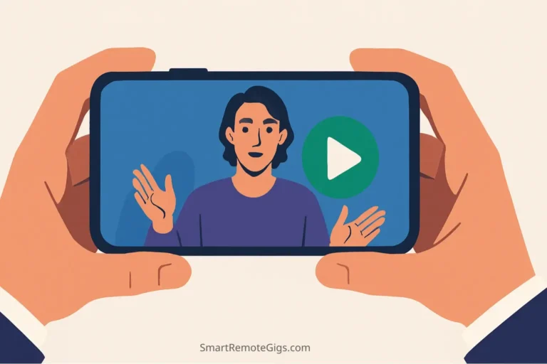 Illustration of hands holding a smartphone, which is displaying a professional Fiverr gig video, demonstrating that you can create a converting video with just a phone.