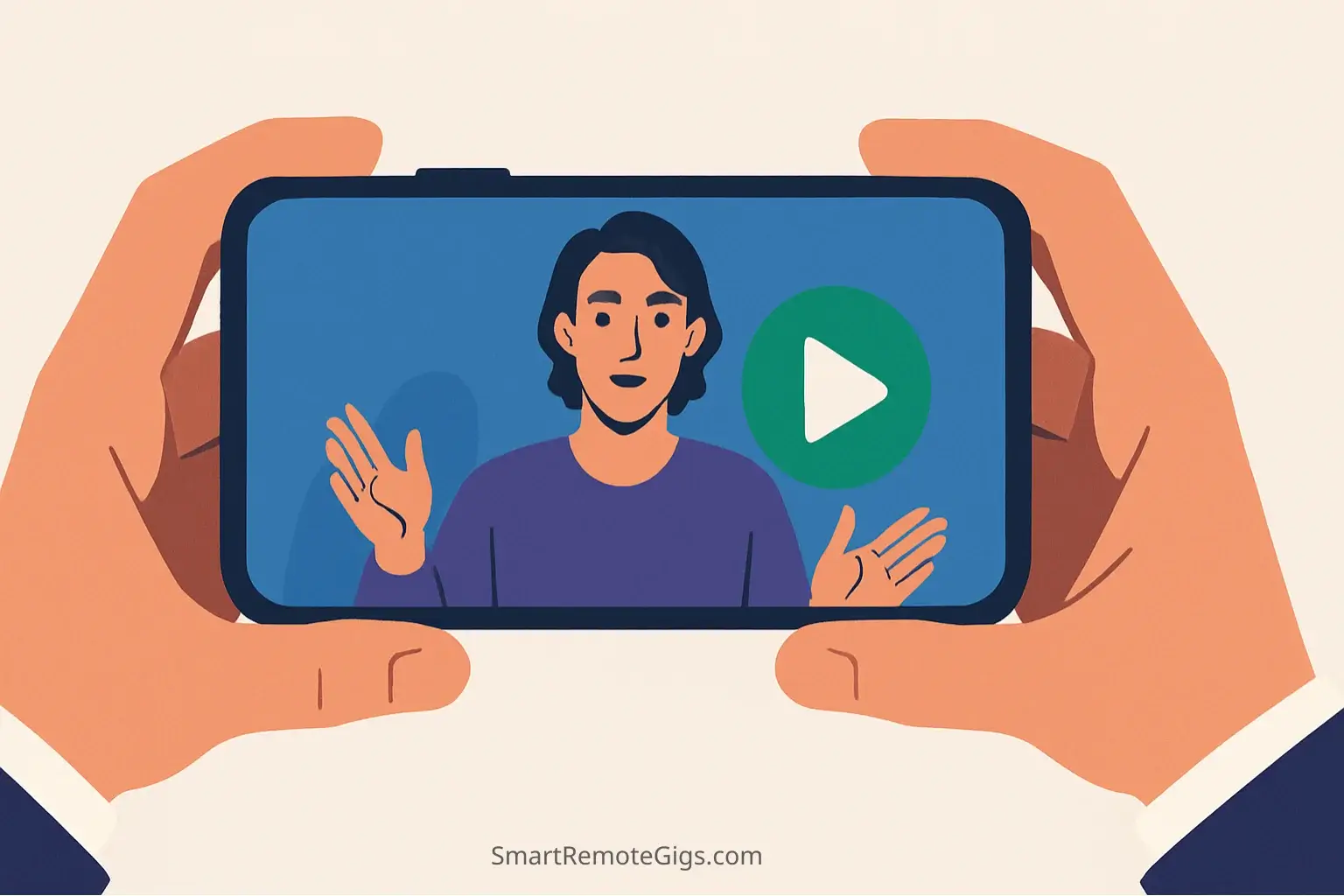 Illustration of hands holding a smartphone, which is displaying a professional Fiverr gig video, demonstrating that you can create a converting video with just a phone.