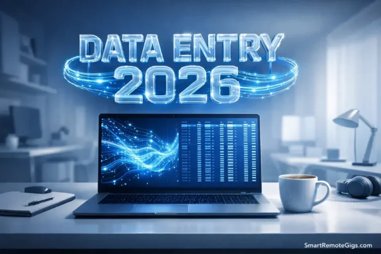 A modern 2026 home office setup visualizing the new era of remote data entry jobs.