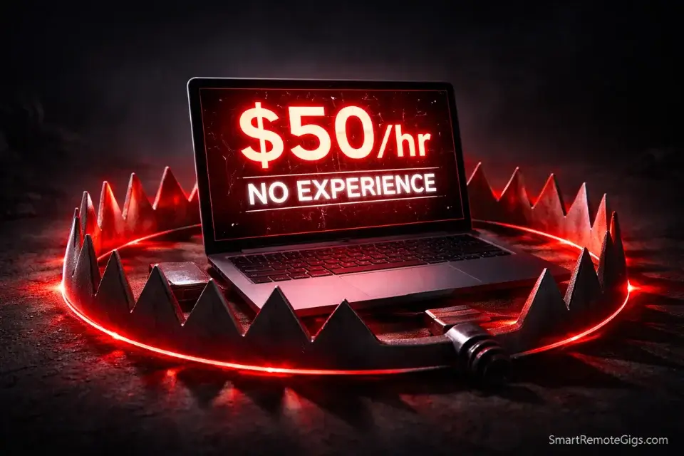 A visual metaphor of a high-paying data entry job listing actually being a trap.