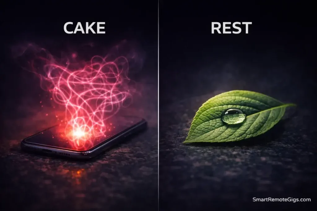 A glowing pink phone next to a fresh green leaf, representing the choice between digital distraction and real rest.