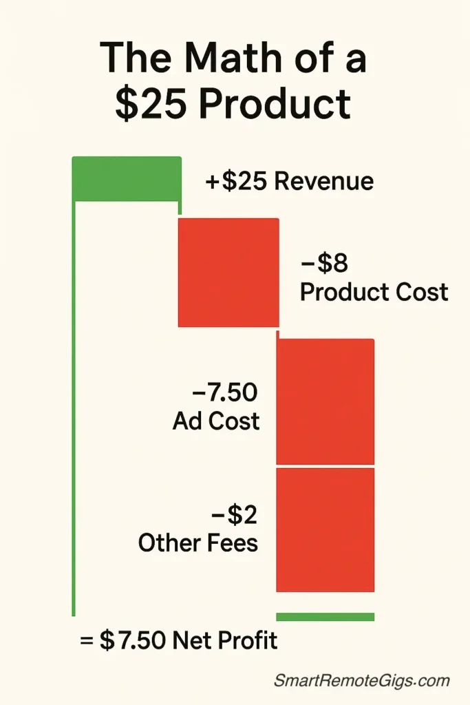 A waterfall chart showing the profit margin calculation for a $25 dropshipping product, starting with revenue and subtracting costs for the product, ads, and fees, resulting in a small net profit.