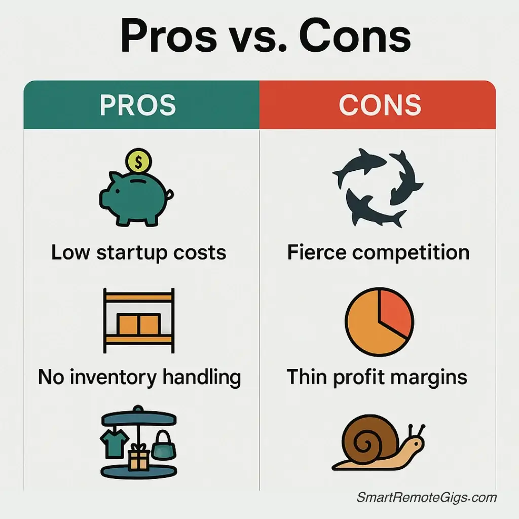 An infographic comparing the pros and cons of dropshipping in 2025. The pros column includes low startup costs and no inventory, while the cons column includes brutal competition and thin profit margins.