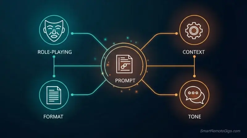 An infographic showing the four key elements of a great SEO prompt: Role-Playing, Context, Format, and Tone.