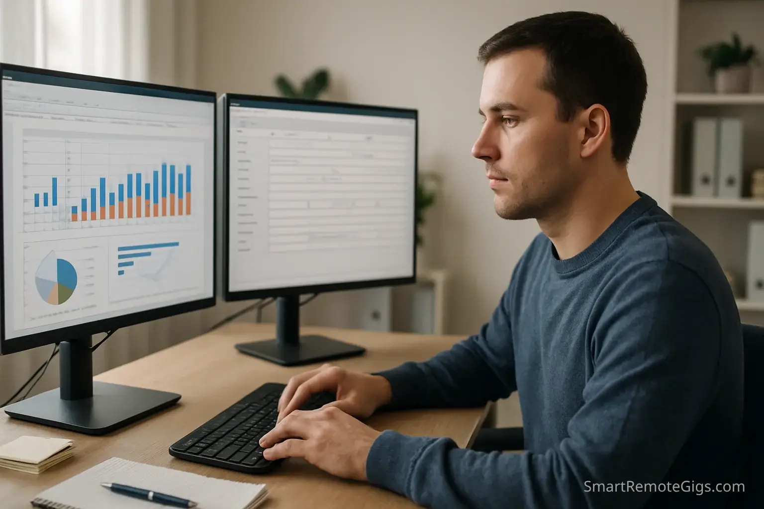 A professional data entry clerk working from a clean and organized home office, focused on a dual-monitor setup displaying spreadsheets and data.