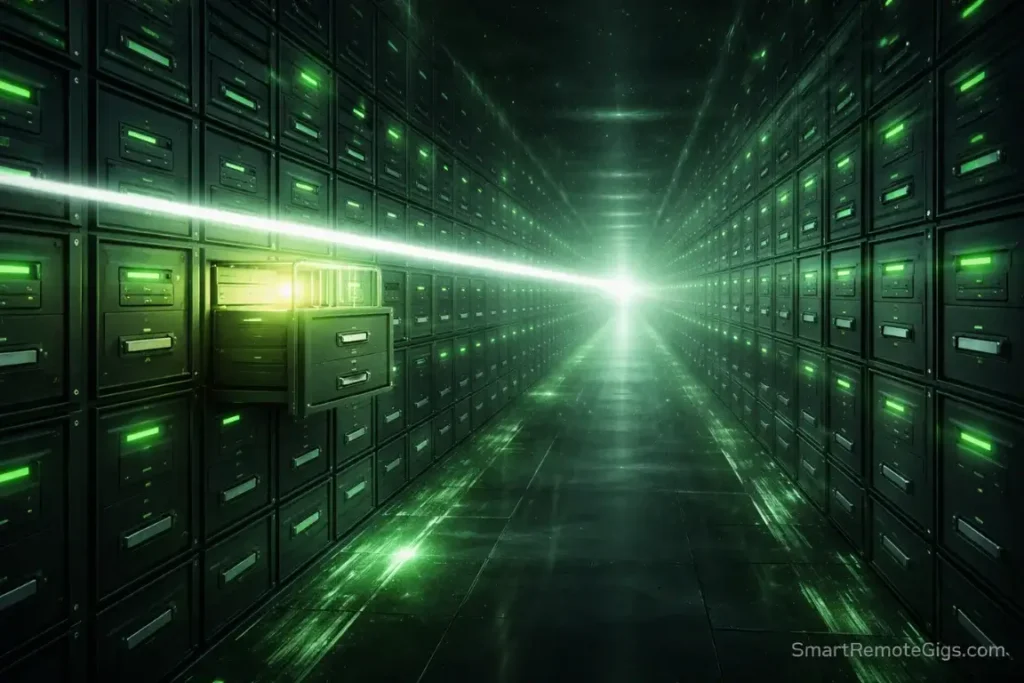 An infinite digital filing cabinet being scanned by a laser, representing Evernote's archival power.