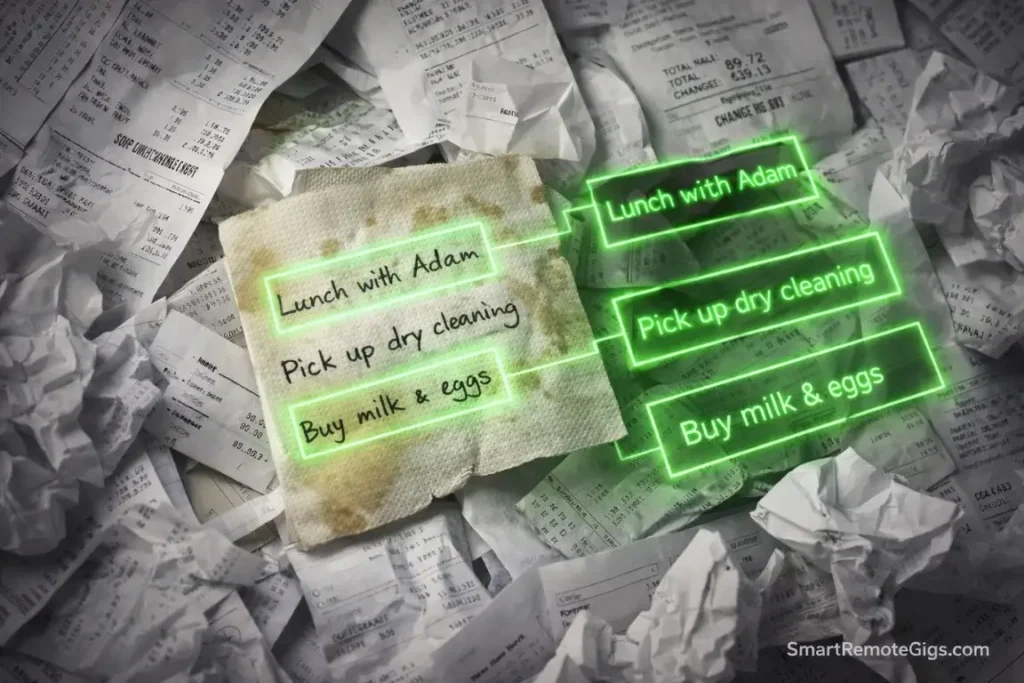 A glowing green digital scanner extracting text from a messy pile of receipts and handwritten notes.