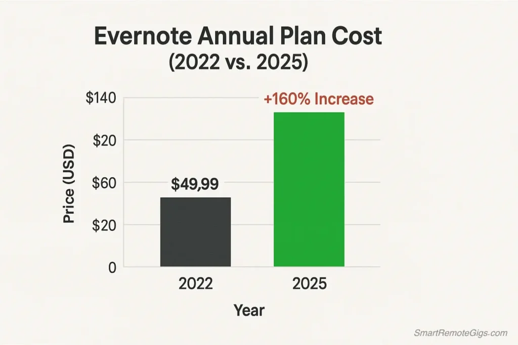 A bar chart showing the significant price increase of Evernote's annual plan from 2022 to 2025.