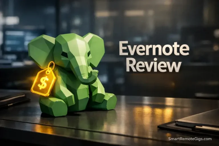 A premium matte green elephant statue with a gold price tag representing Evernote's 2026 pricing.
