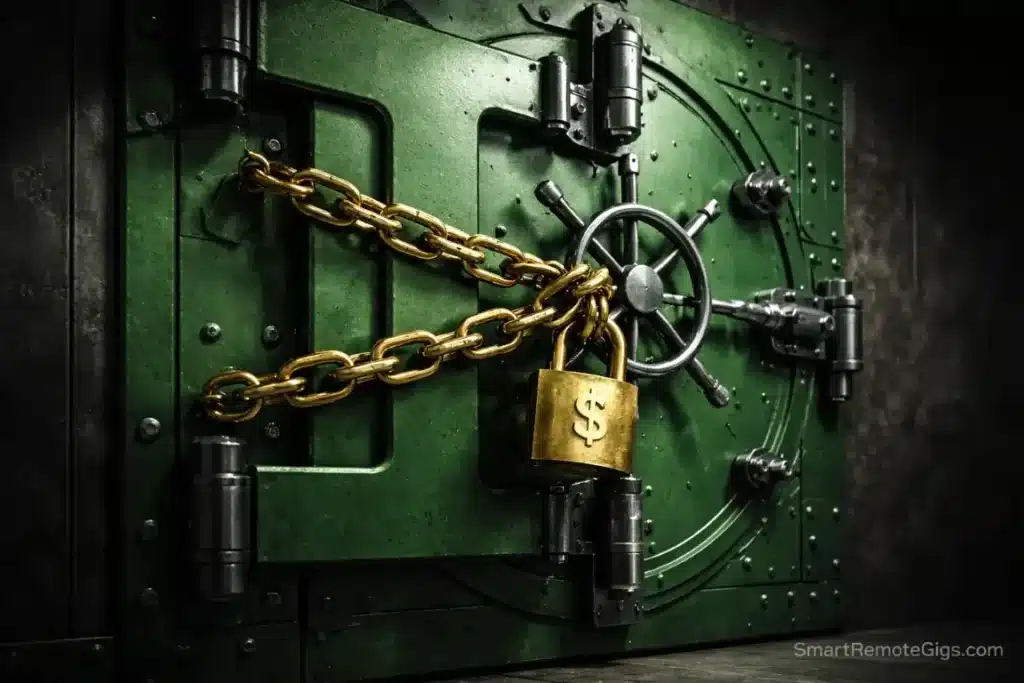 A locked green vault representing data lock-in and high export friction.