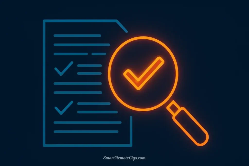 A digital magnifying glass scanning a document and leaving verified checkmarks, representing the crucial step of fact-checking AI-generated content for accuracy.