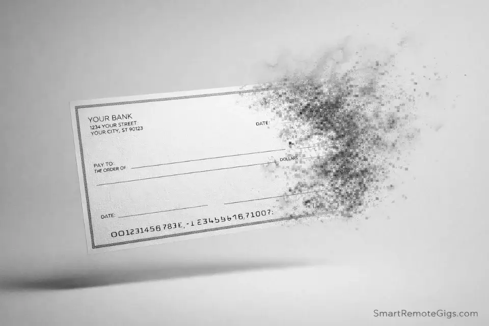 A bank check dissolving into smoke, symbolizing the fake equipment check scam