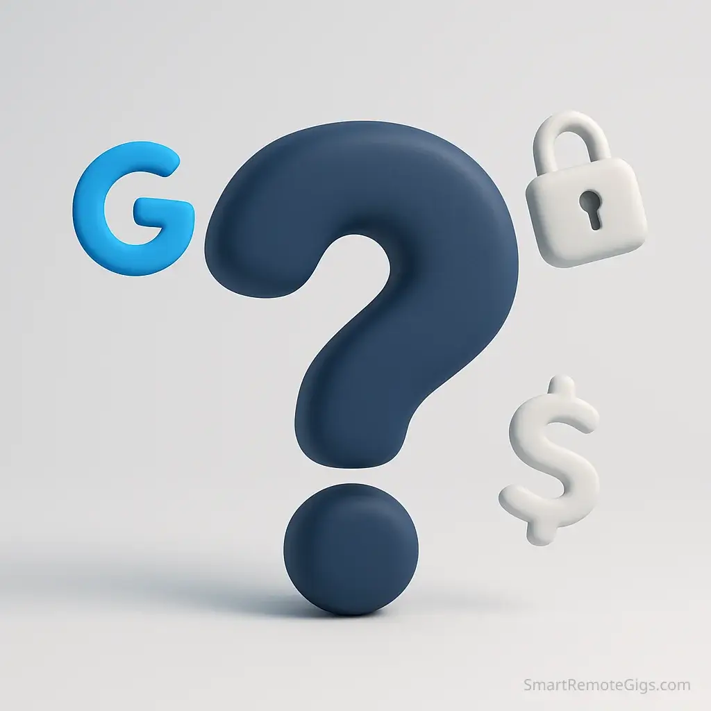 A large, clean question mark icon surrounded by smaller icons representing topics like Google, security, and cost.