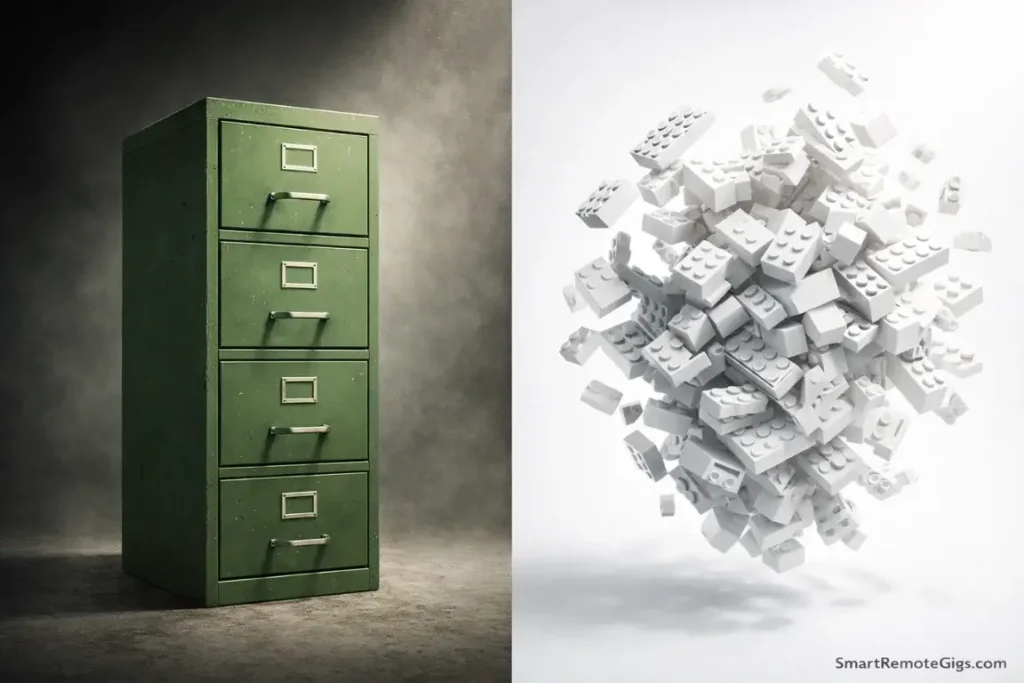 A rigid green filing cabinet compared to floating white digital building blocks.