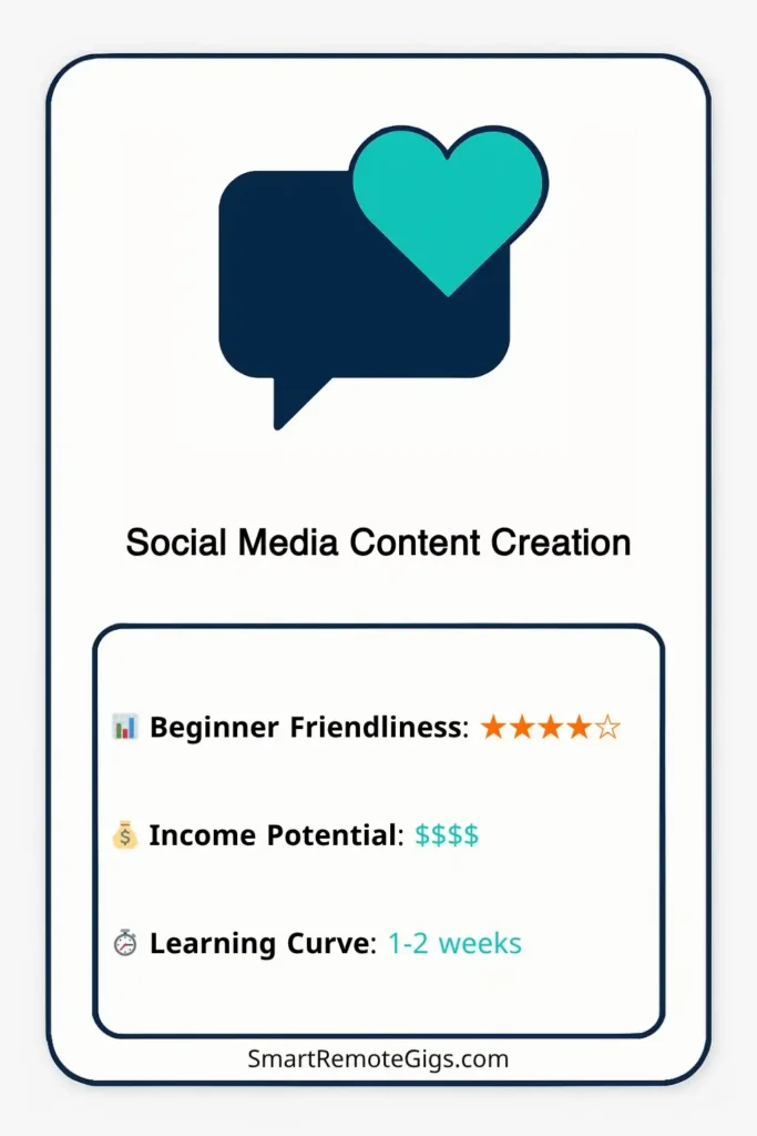 Graphic card for the Fiverr gig idea of Social Media Content Creation, showing icons for engagement and design.