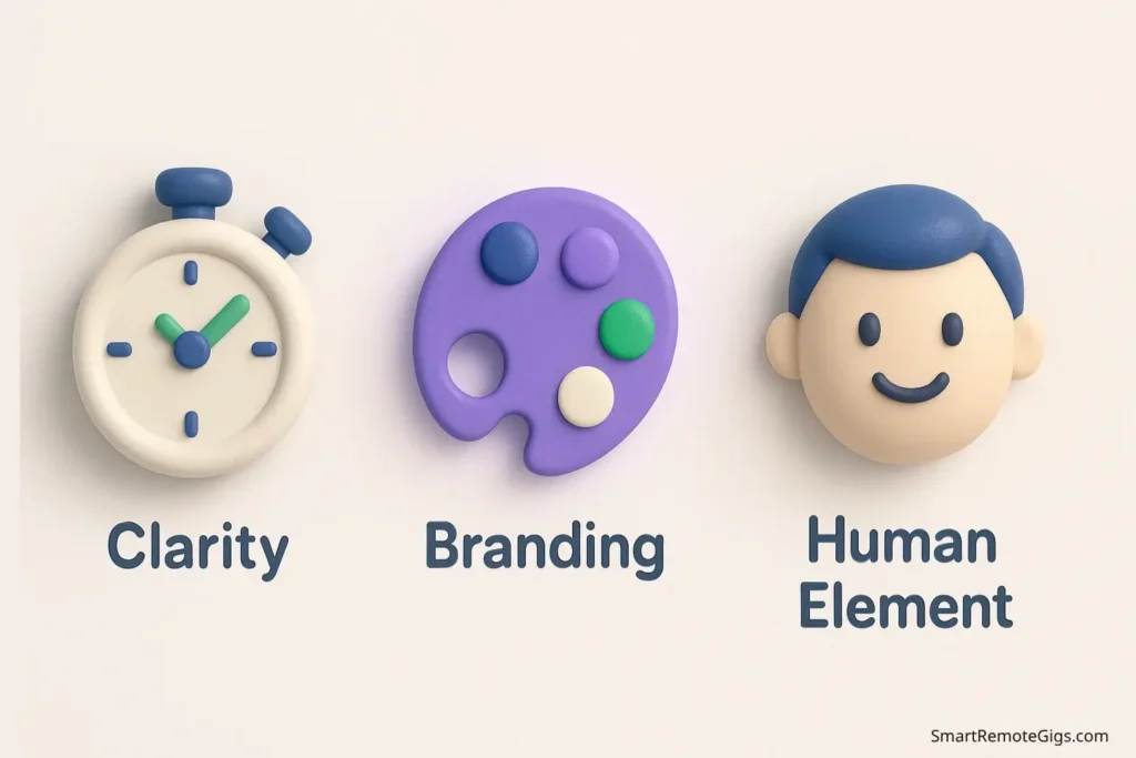 Infographic illustrating the three rules for a high-converting Fiverr gig image: Clarity, Simple Branding, and the Human Element.