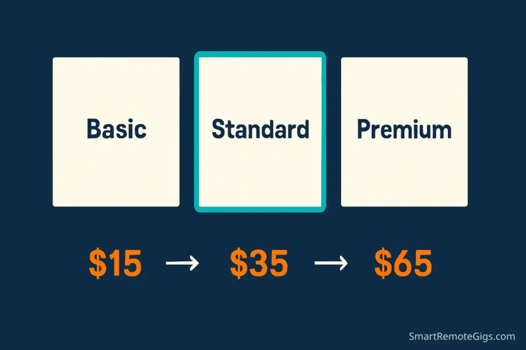 Infographic explaining the 3-tier package pricing psychology for a Fiverr gig, highlighting the Standard package as the target for most buyers.