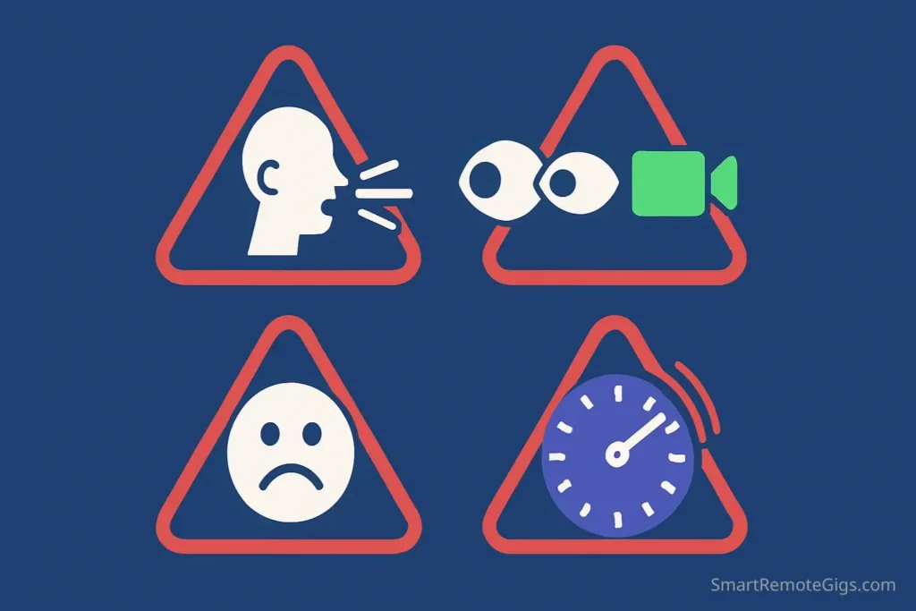 A grid of four icons illustrating common video mistakes: speaking too fast, not looking at the camera, forgetting to smile, and making the video too long.