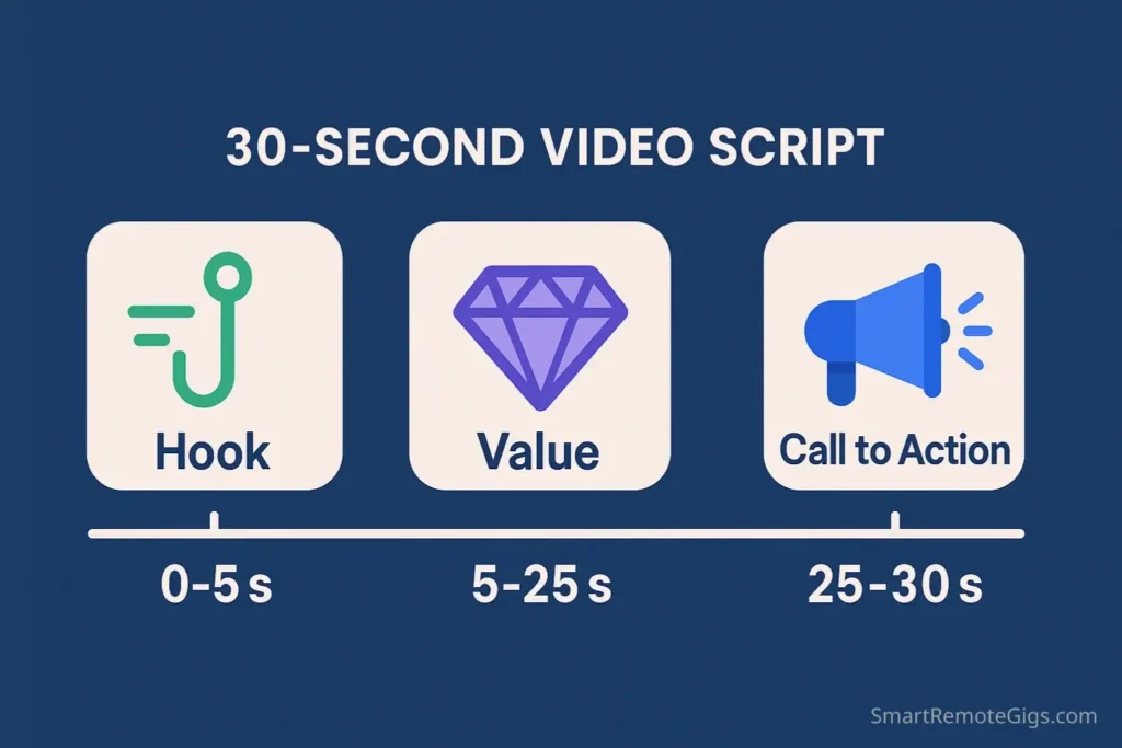 Infographic illustrating the 30-second Fiverr video script formula, broken down into three parts: the hook, the value, and the call to action.