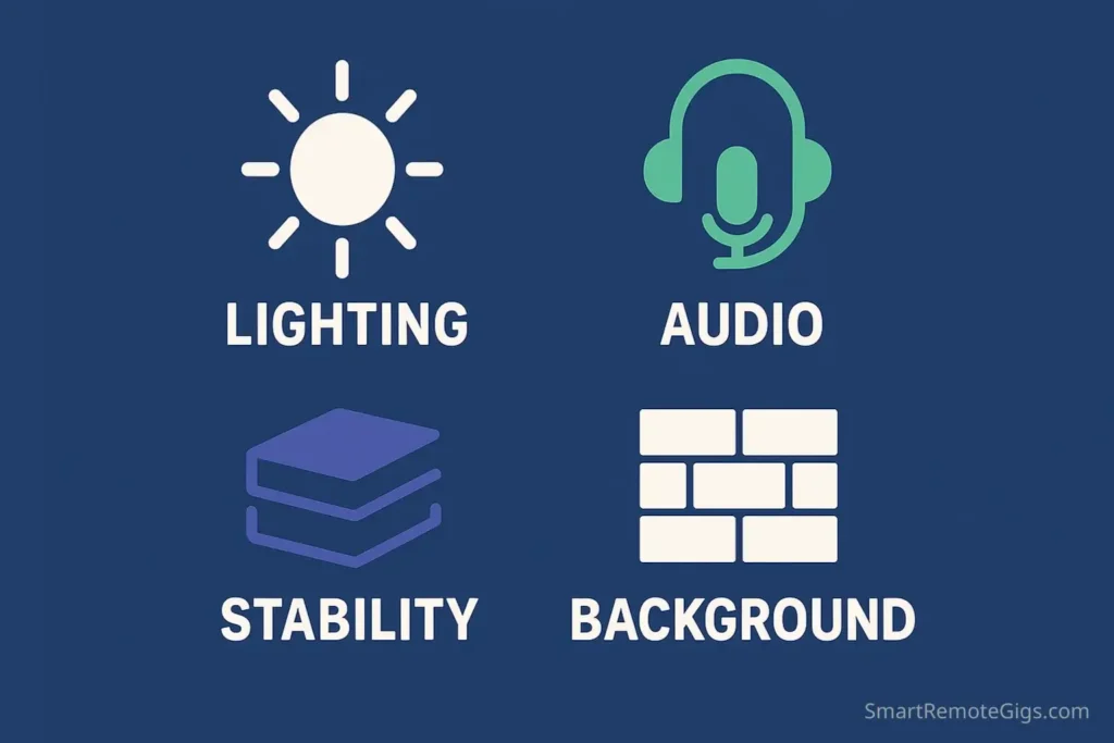 A grid of four icons representing the technical checklist for a phone video: good lighting, clear audio, a stable setup, and a clean background.