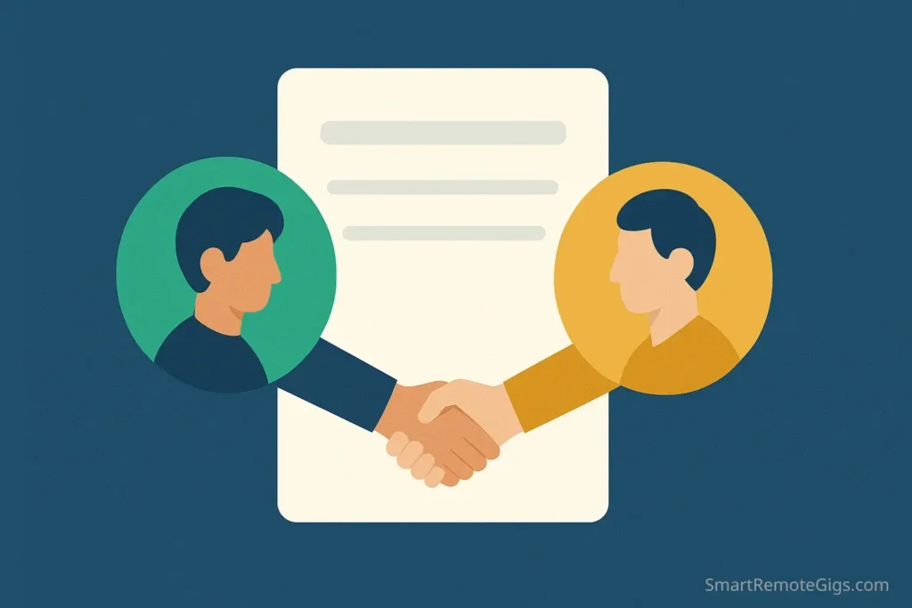 Illustration of a freelancer and client shaking hands, symbolizing the start of a professional customer experience to earn a 5-star review.