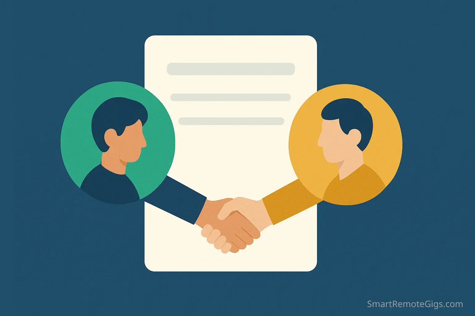Illustration of a freelancer and client shaking hands, symbolizing the start of a professional customer experience to earn a 5-star review.