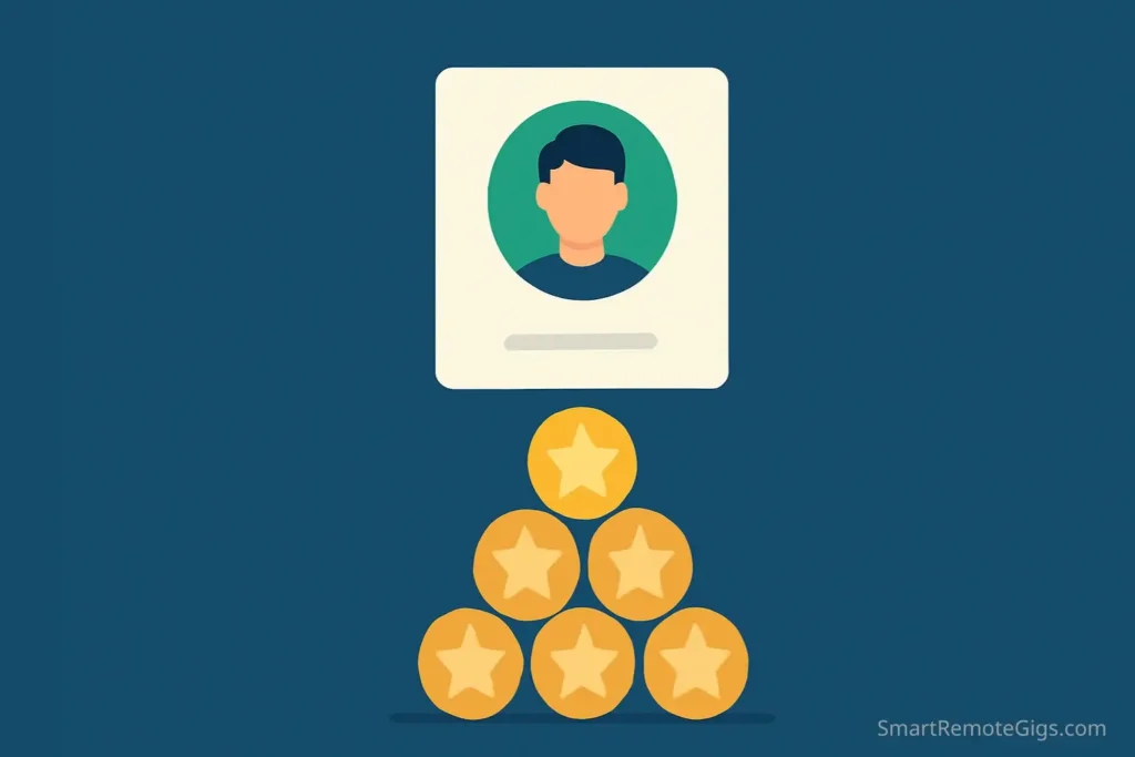 Illustration of a growing stack of 5-star reviews building a strong foundation for a freelancer's reputation on Fiverr.