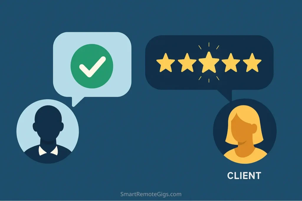 An illustration showing a professional follow-up message leading to a happy client leaving a 5-star review on Fiverr.