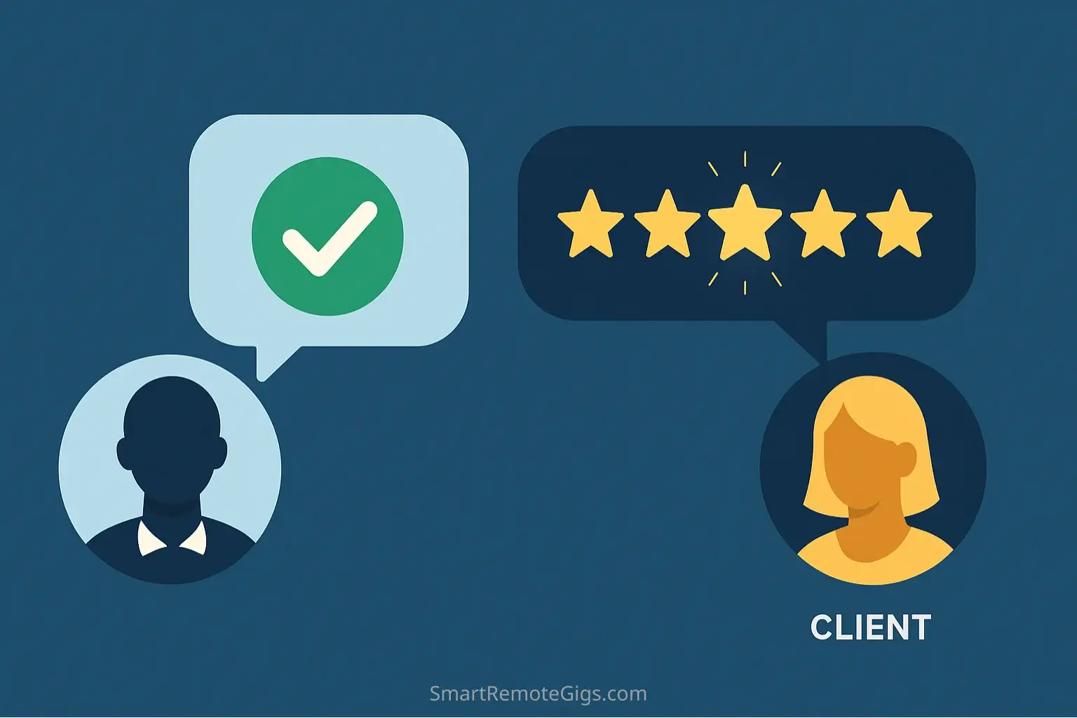 An illustration showing a professional follow-up message leading to a happy client leaving a 5-star review on Fiverr.