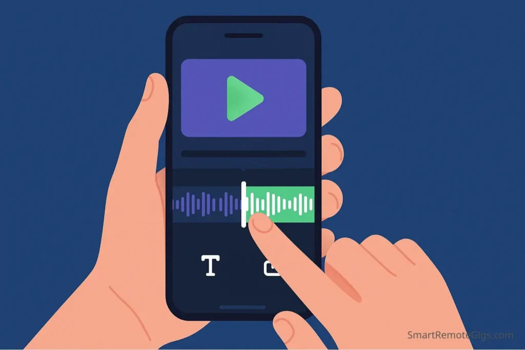 Illustration of a hand editing a video on a smartphone using a free mobile app, showing how simple the editing process can be.
