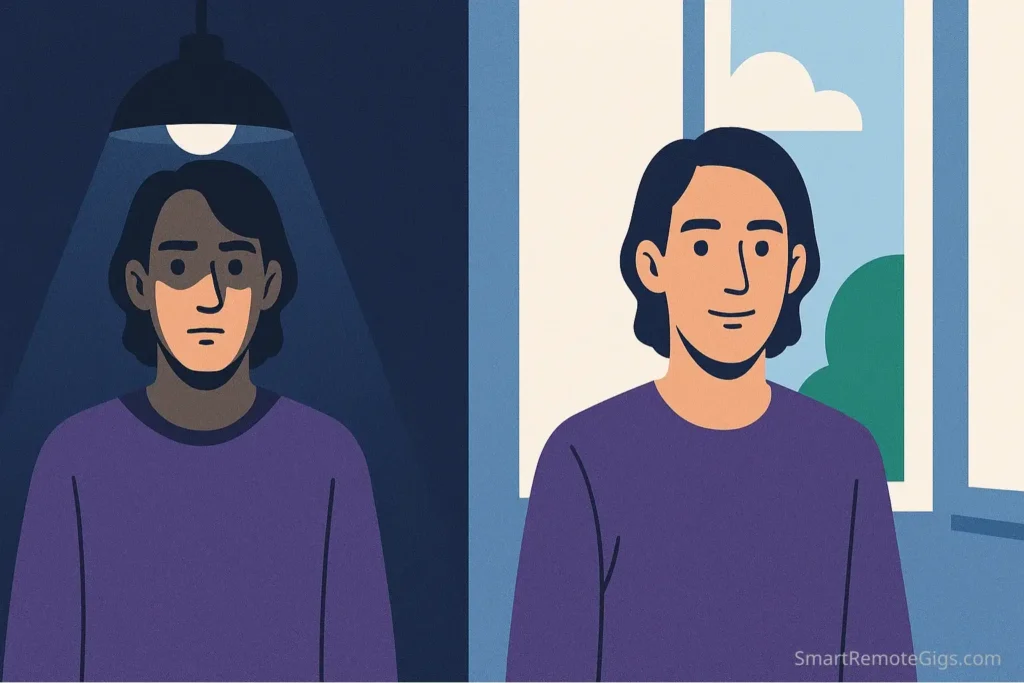 A comparison showing the difference between bad overhead lighting and good natural window lighting for filming a professional video.