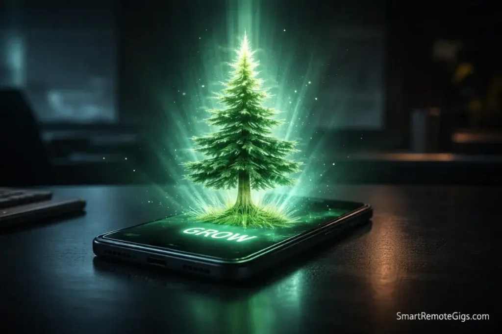 A digital tree growing out of a smartphone screen, symbolizing the Forest app's gamified focus.