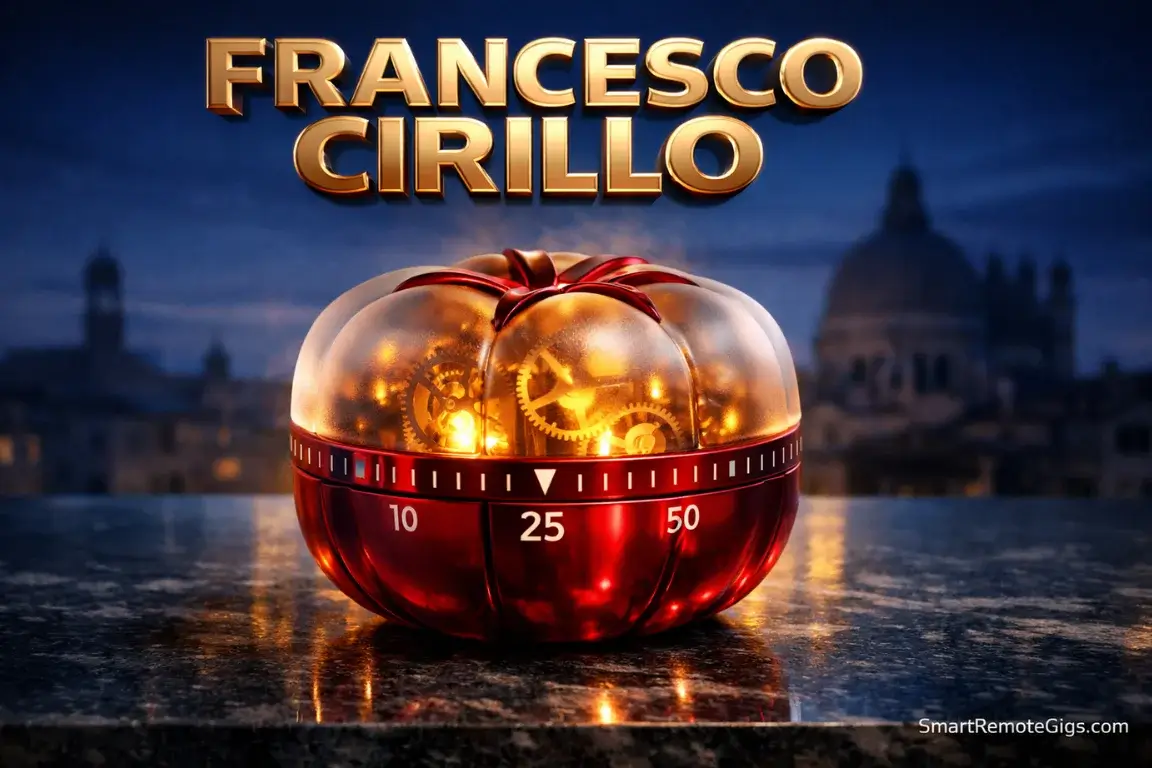 A cinematic 3D title showing a ruby-red mechanical tomato timer symbolizing the legacy of Francesco Cirillo.