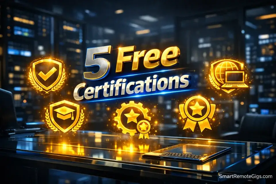 A futuristic visualization of five digital certifications glowing on a desk, representing career advancement.