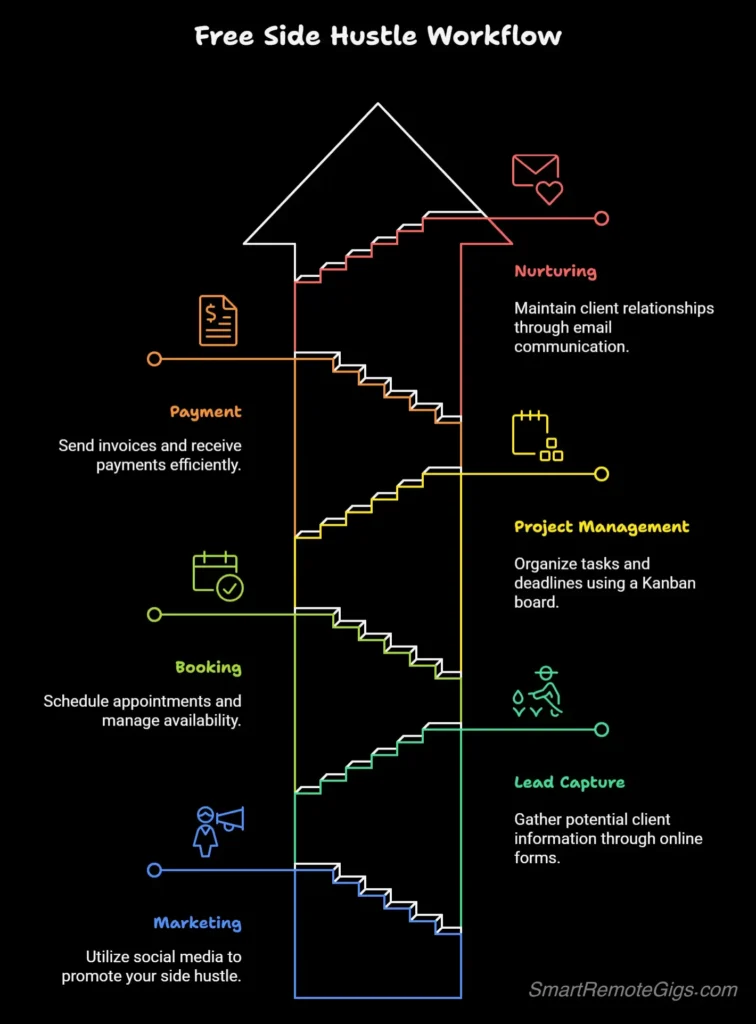 A flowchart infographic illustrating the 'Free Side Hustle Starter Stack,' showing how tools like Buffer, Calendly, Trello, and Wave connect to manage a client from marketing to payment.
