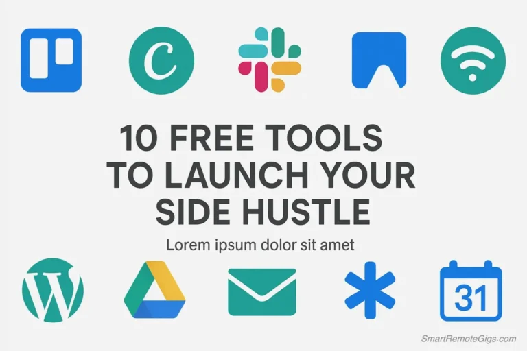 A graphic featuring the logos of 10 free tools for side hustles, including Trello, Canva, Wave, and Mailchimp, arranged around the article's title.