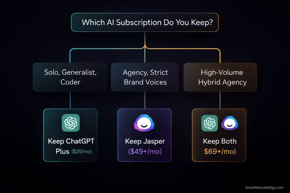Decision matrix flowchart helping freelancers choose between keeping a ChatGPT Plus or Jasper AI subscription based on their workflow.