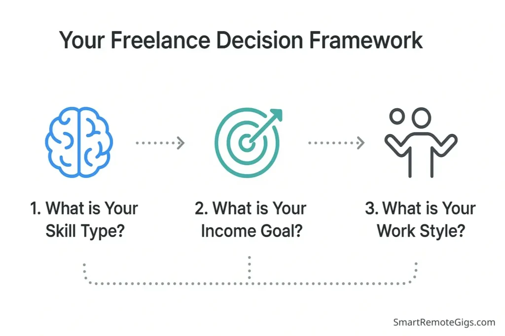 Infographic showing the 3-question framework for choosing a freelance website: analyzing skill type, income goal, and work style.