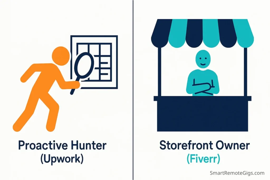 Graphic comparing two freelance personalities: the proactive Upwork "hunter" versus the reactive Fiverr "storefront owner," to help beginners choose a platform.