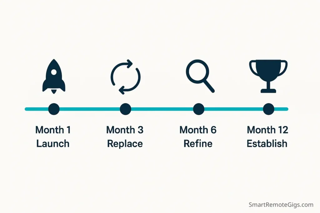 Infographic timeline showing the evolution of a freelance portfolio over 12 months, from initial launch to establishing expertise with real client work.`