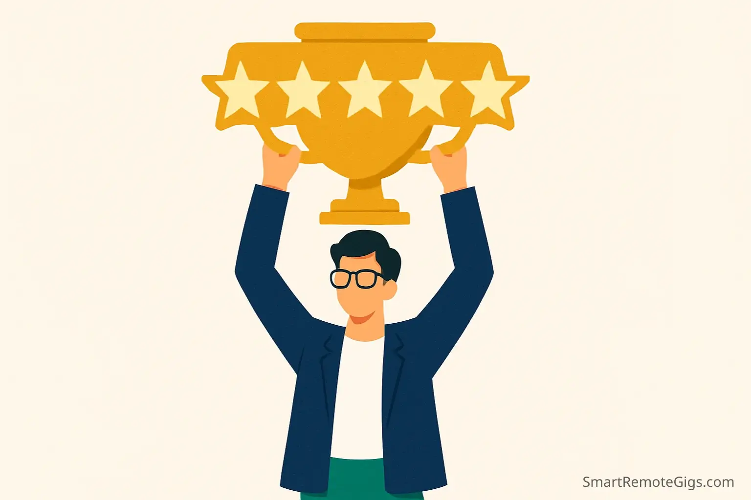 Illustration of a freelancer holding a 5-star review trophy, symbolizing the goal of getting a perfect review on Fiverr.