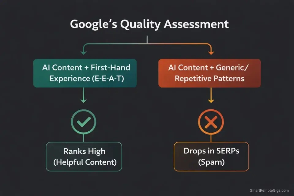 Flowchart infographic showing that Google rewards AI content with E-E-A-T signals and penalizes unhelpful, generic AI spam.